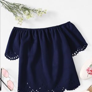 Off Shoulder Hollow Out Solid Blouse